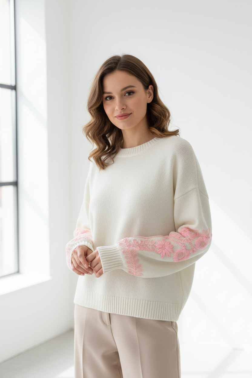 Model draagt witte gebreide trui Millenium met roze bloemborduursel op de mouwen