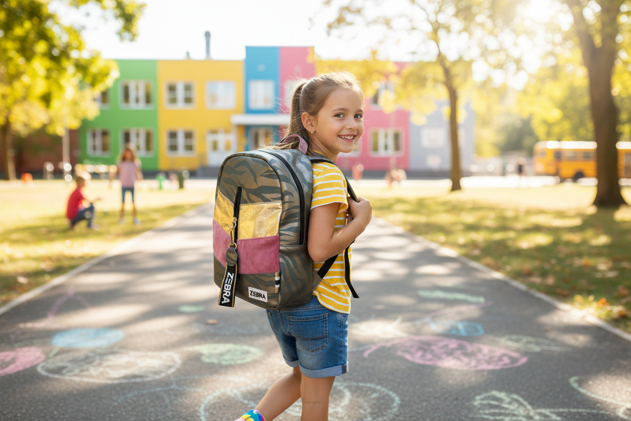 Meisje draagt Zebra girls meerkleurige rugzak