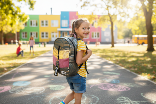 Meisje draagt Zebra girls meerkleurige rugzak