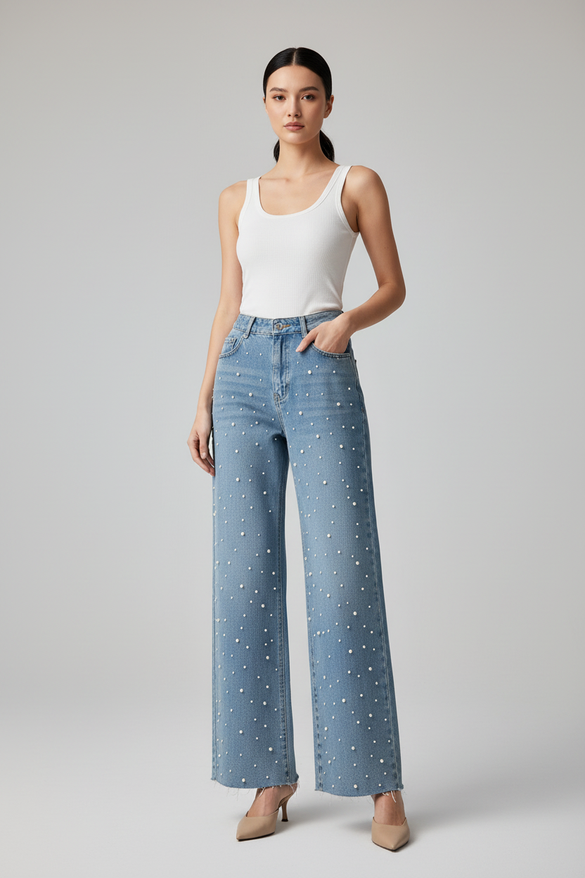 Model draagt lichtblauwe jeans met pareldetails Gimme Parels