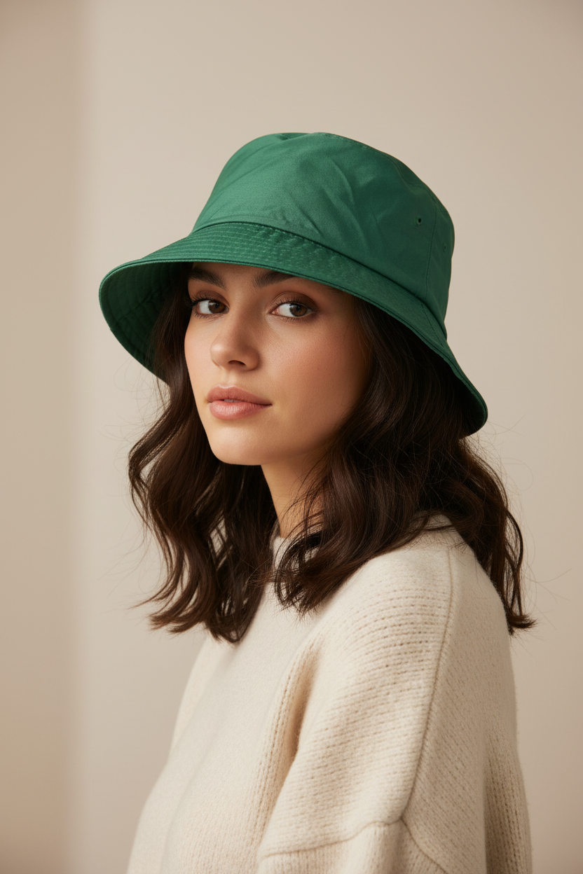 Model draagt bucket hat groen