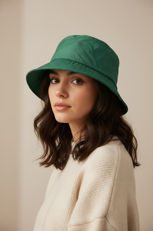 Model draagt bucket hat groen