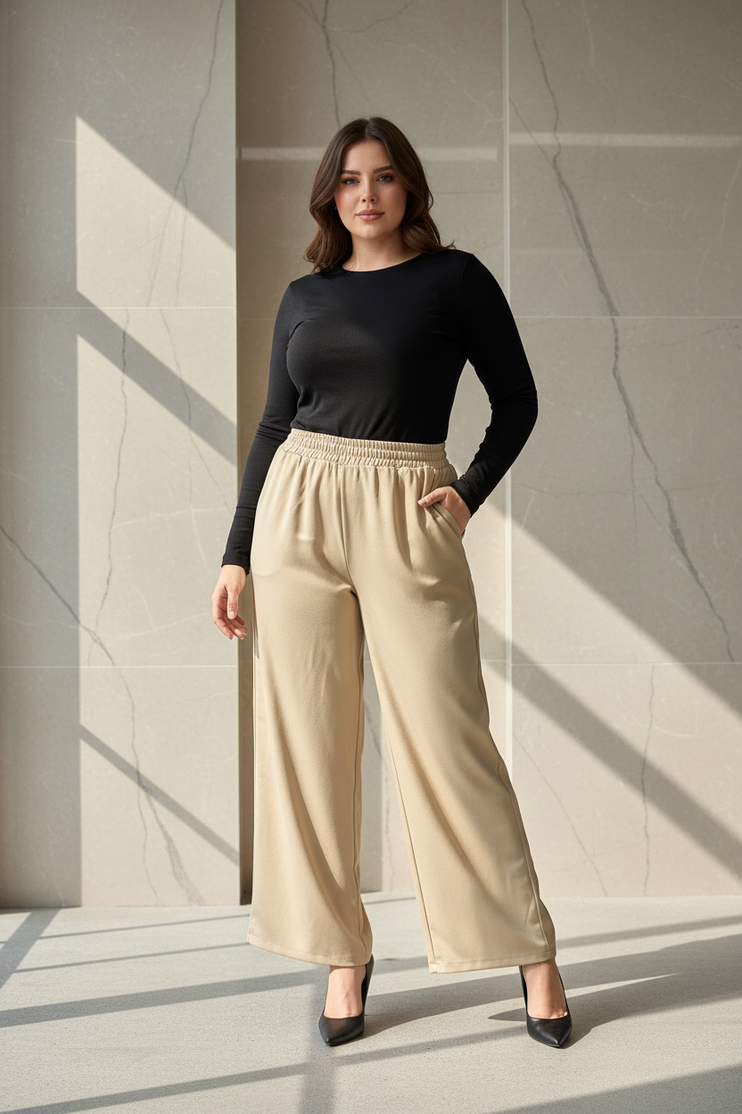 Model draagt de beige plus size satijn wide-leg Broek Times in een luxe editorial setting