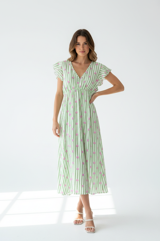 Model in groen gestreept zomerkleedje Times Love met roze hartjesprint en vlindermouwtjes