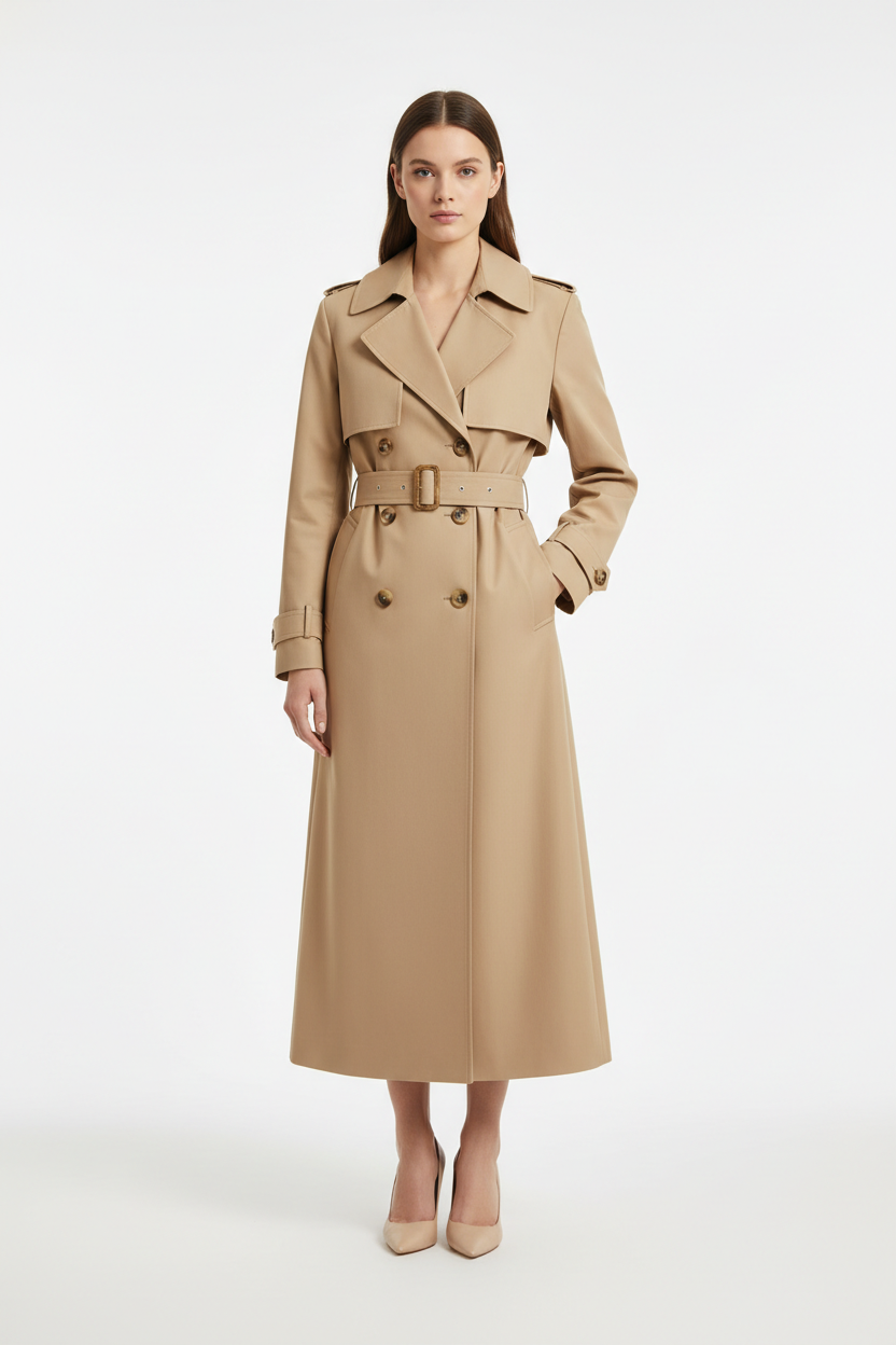 Model draagt lange basic trenchcoat beige