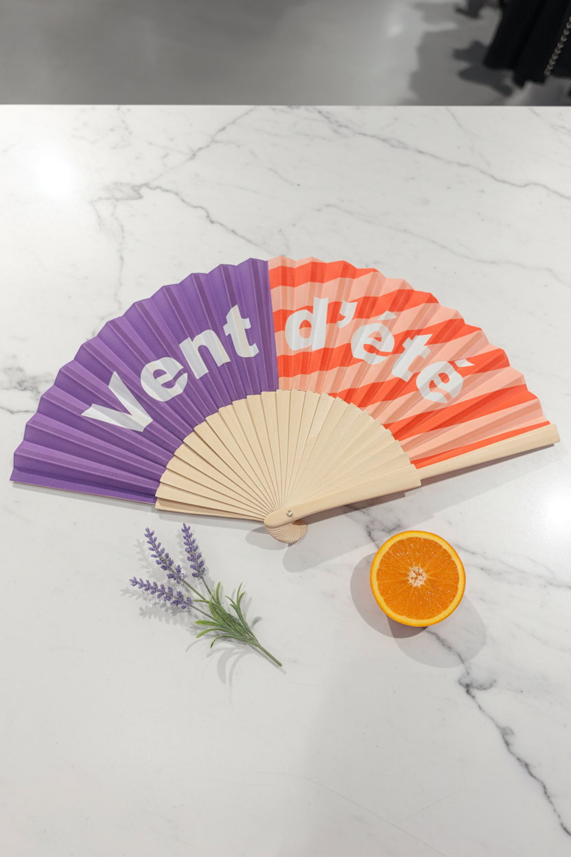 Kleurrijke zomerwaaier Vent d'été in paars en oranje-roze met witte tekst en bamboe handvat