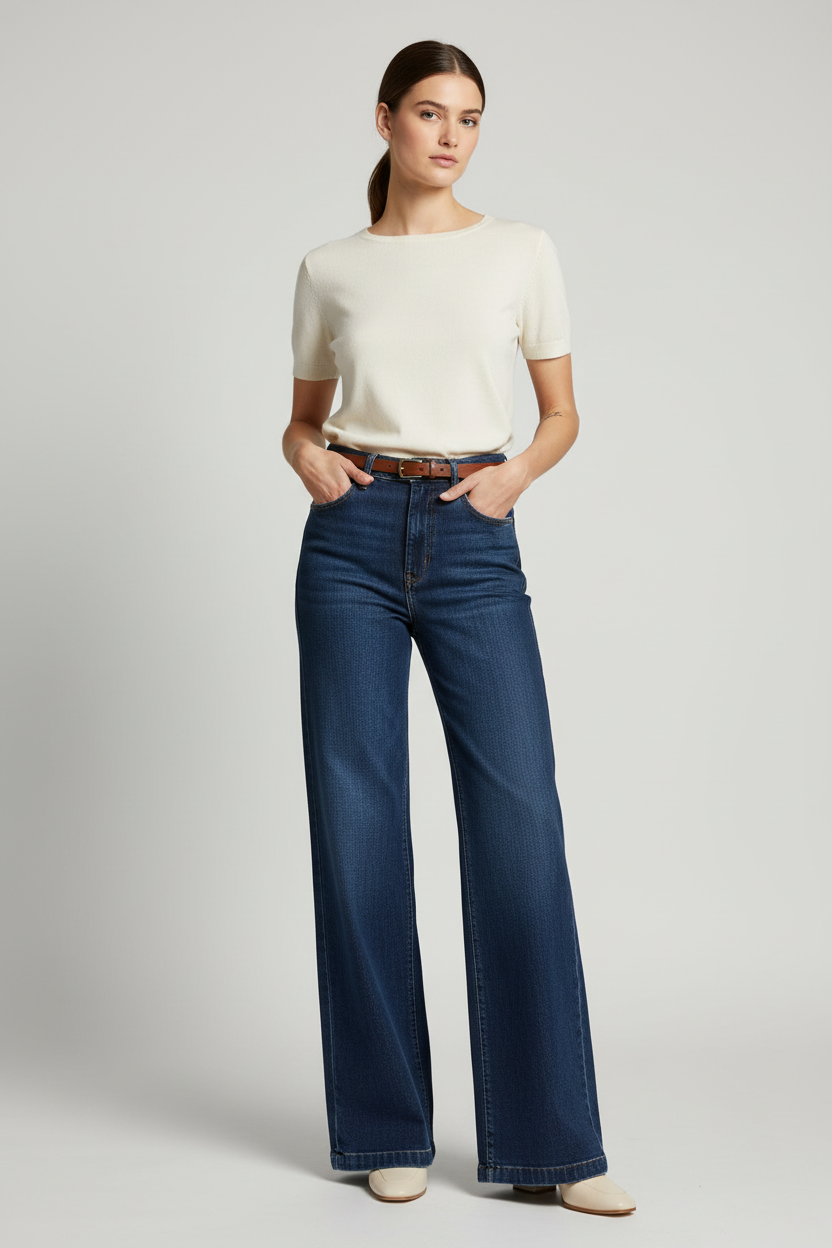 Model draagt Oraije Paris wide leg jeans - andere hoek