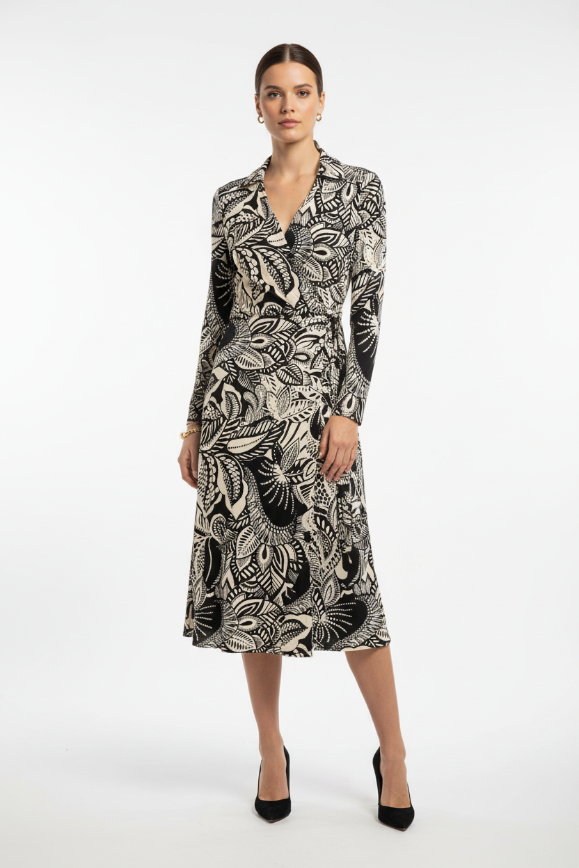 Model draagt &co woman lessy arty leave jurk - minimalistisch elegant