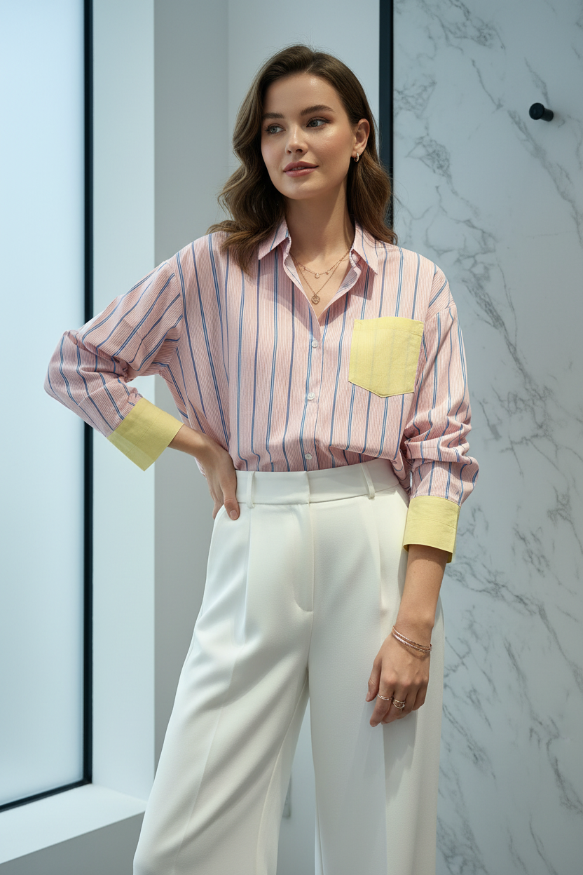 Model in Blouse Musy Muse roze multicolor streep met gele details — editorial stijl