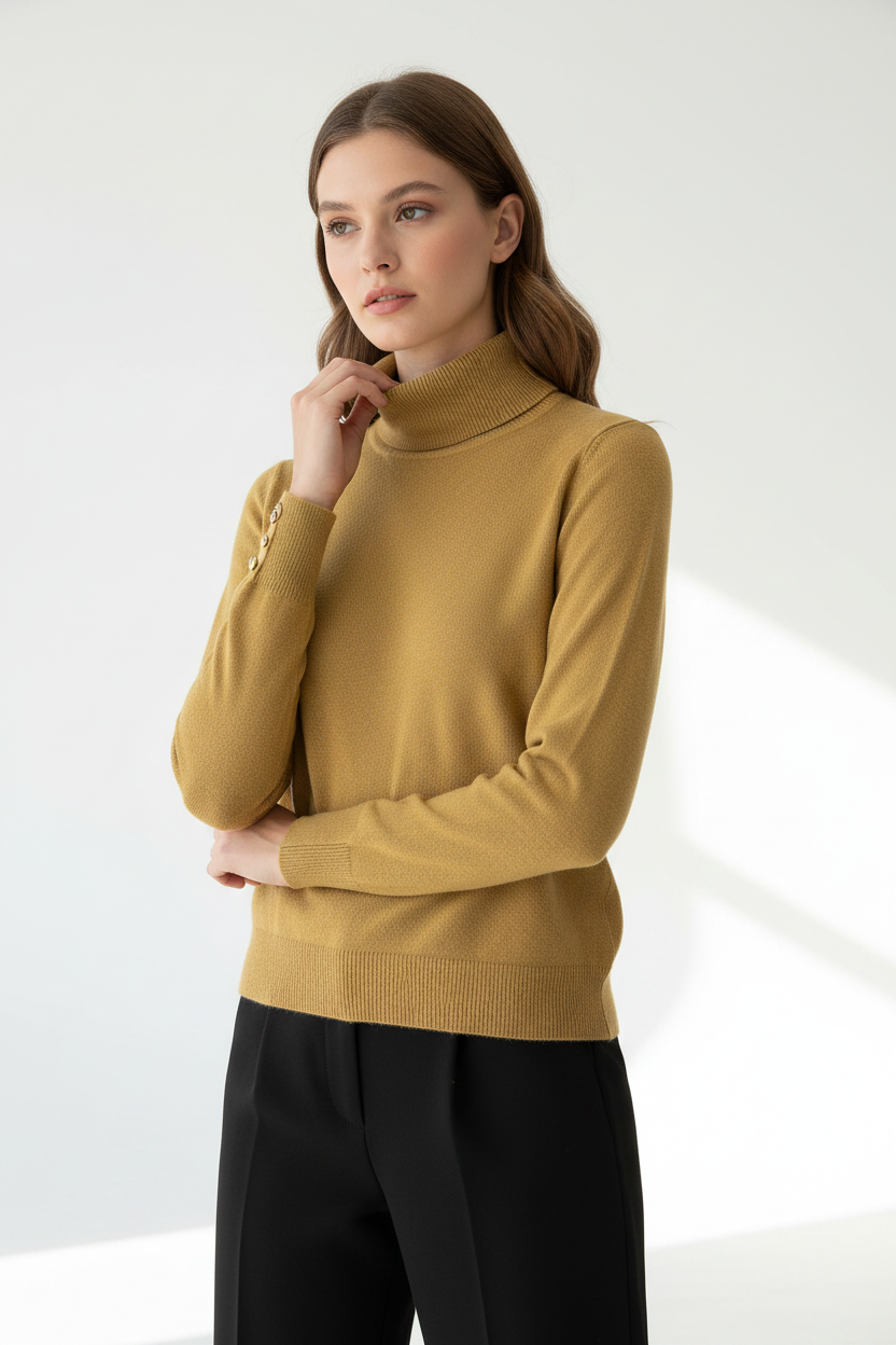 Model draagt mosterdgeel gebreid rolkraagtruitje Gimme
