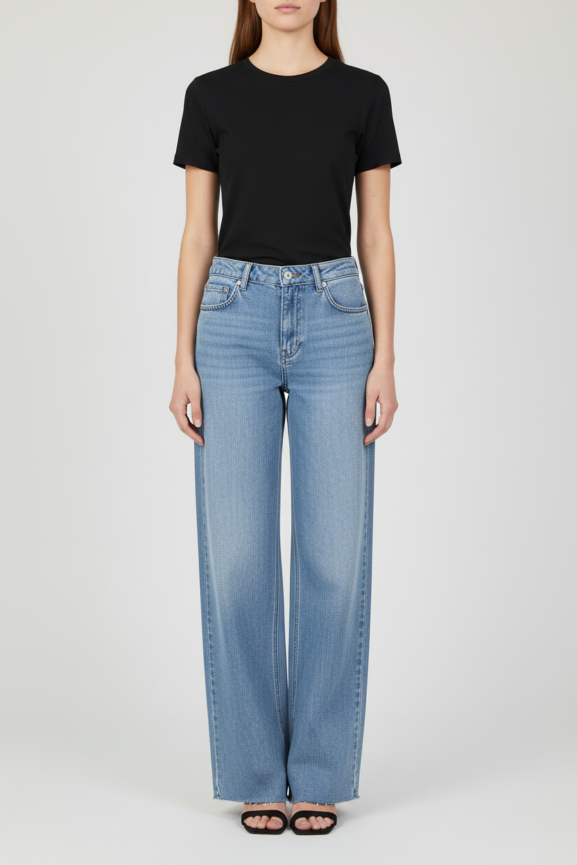 Model draagt jeans the icon fit blue - catalogusfoto