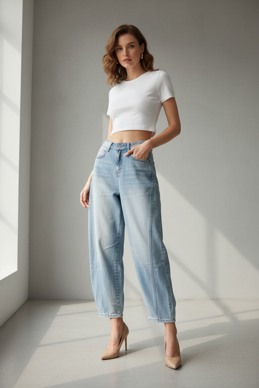 Model in lichtblauwe denim balloon pants Miss Bon, gestileerd met wit crop topje en hakken