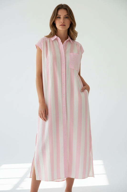 Model in mouwloos roze-wit gestreept zomerkleedje - Inspiration Studio