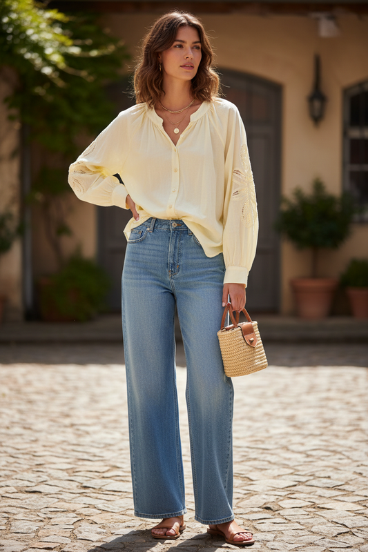 Gele blouse met speciale mouwtjes - detail van unieke mouwen