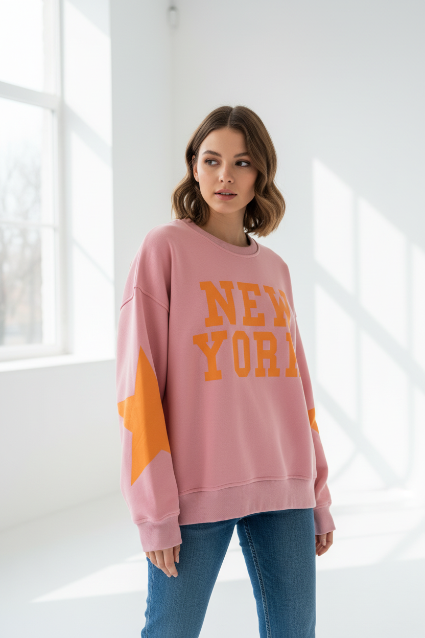 Model draagt roze oversized sweater Gimme New York met oranje letters en sterren