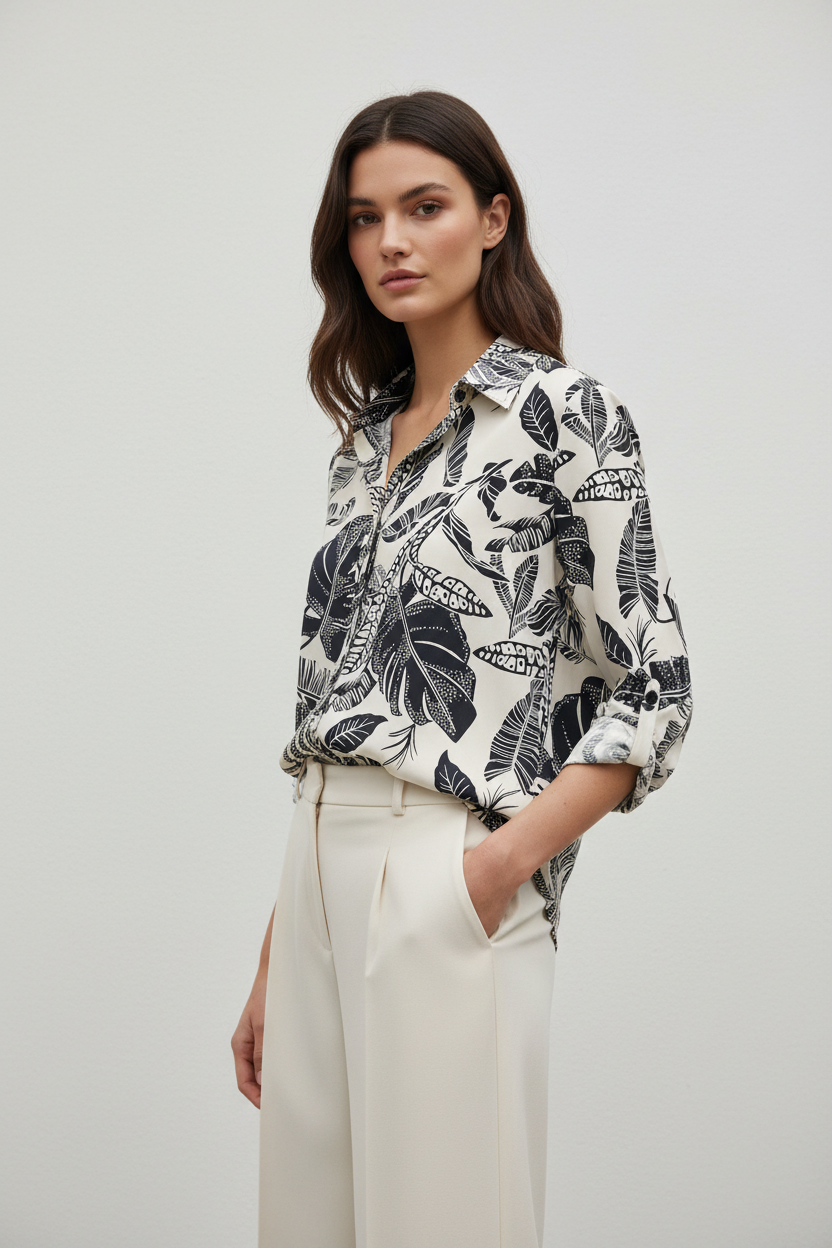 Model draagt Mooij blouse - elegante look