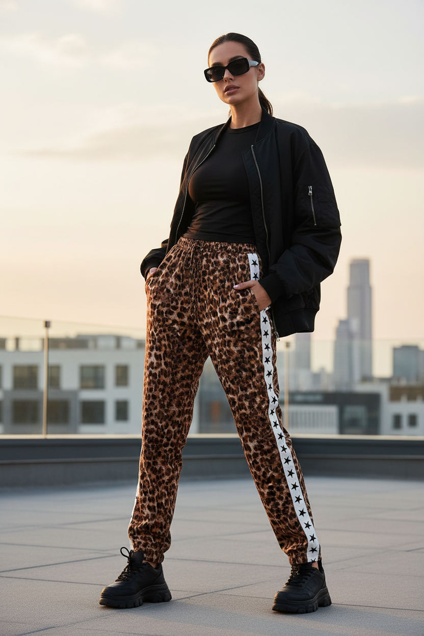Model draagt bruine luipaardprint broek - fashion-forward styling