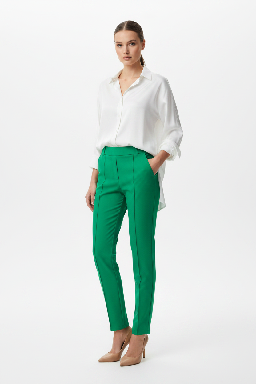 Model draagt felgroene broek Ambika