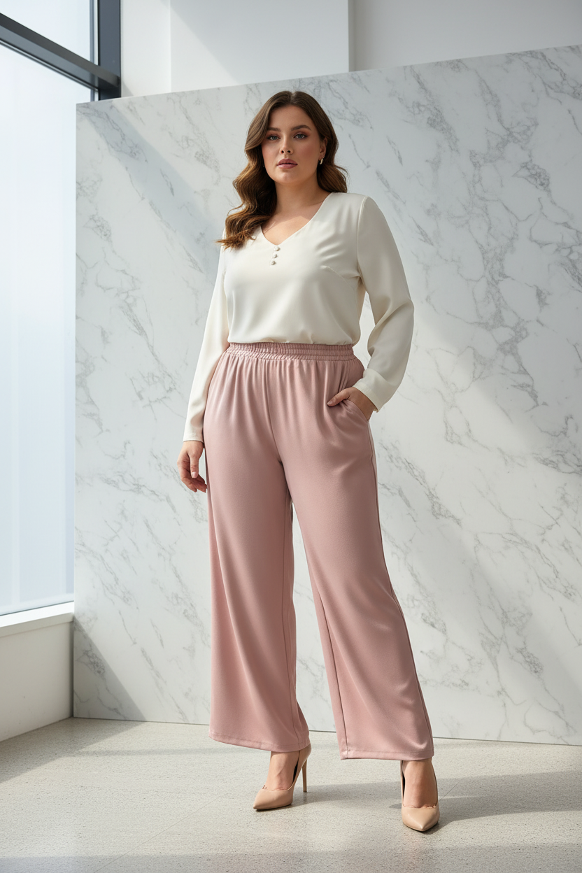 Model draagt de roze plus size satijn wide-leg Broek Times in een luxe editorial setting
