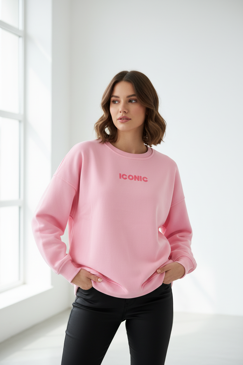 Model draagt roze oversized sweater met tonal ICONIC logo