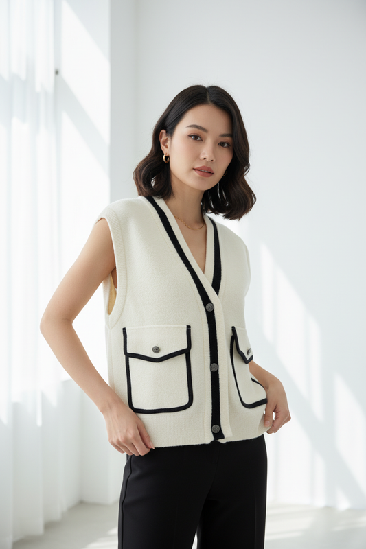 Model draagt gebreid gilet C&S crème met zwarte biesjes mouwloos vest