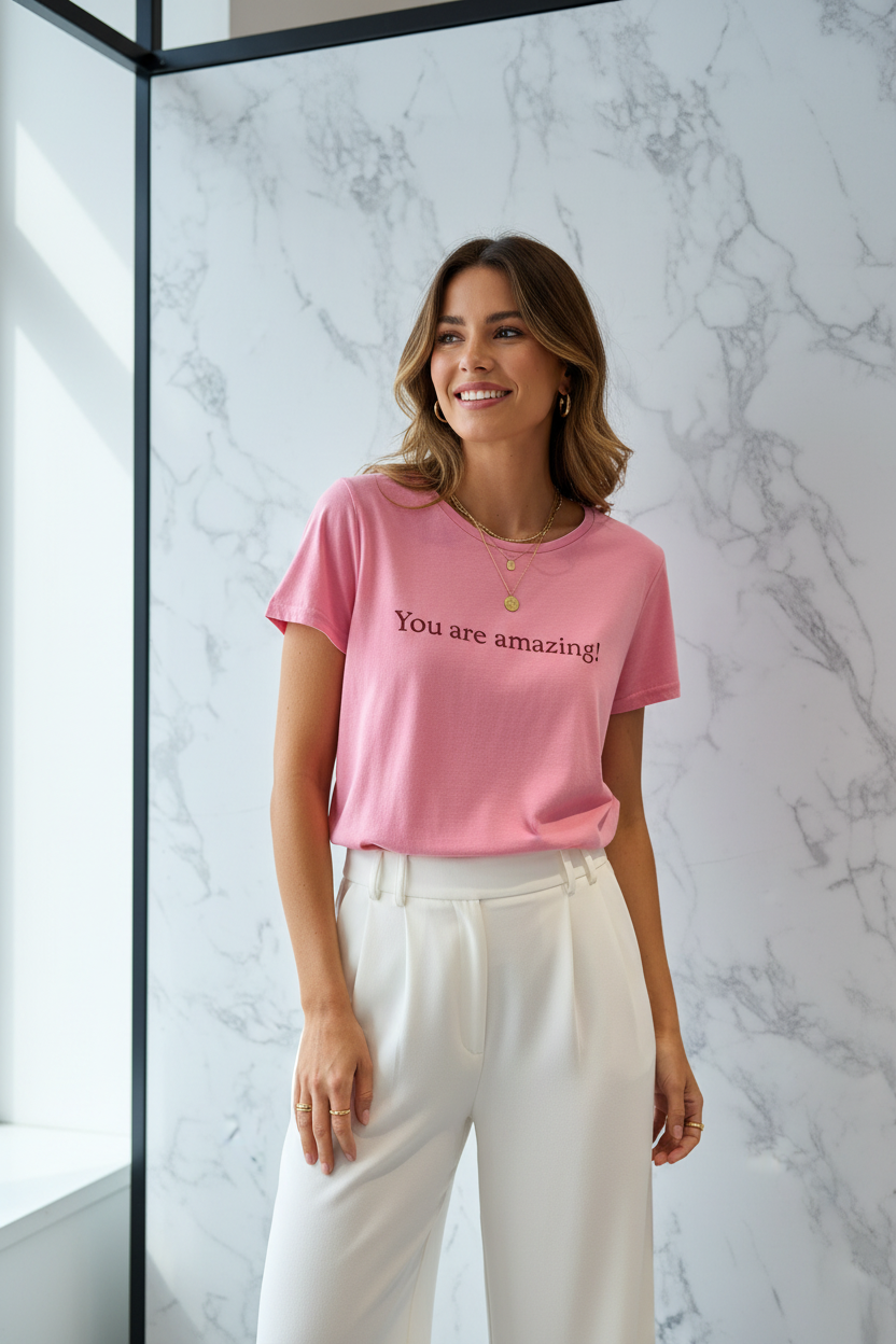 Model in T-shirt You Are Amazing roze met donkerrode tekst — editorial stijl