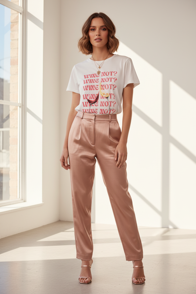 Model in T-Shirt Musy Muse Wine Not? - editorial stijl