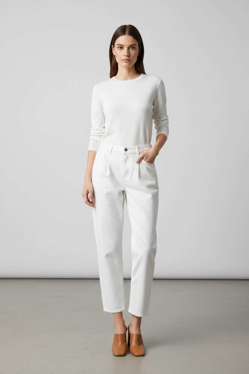 Model draagt witte relaxed jeans Rich Star