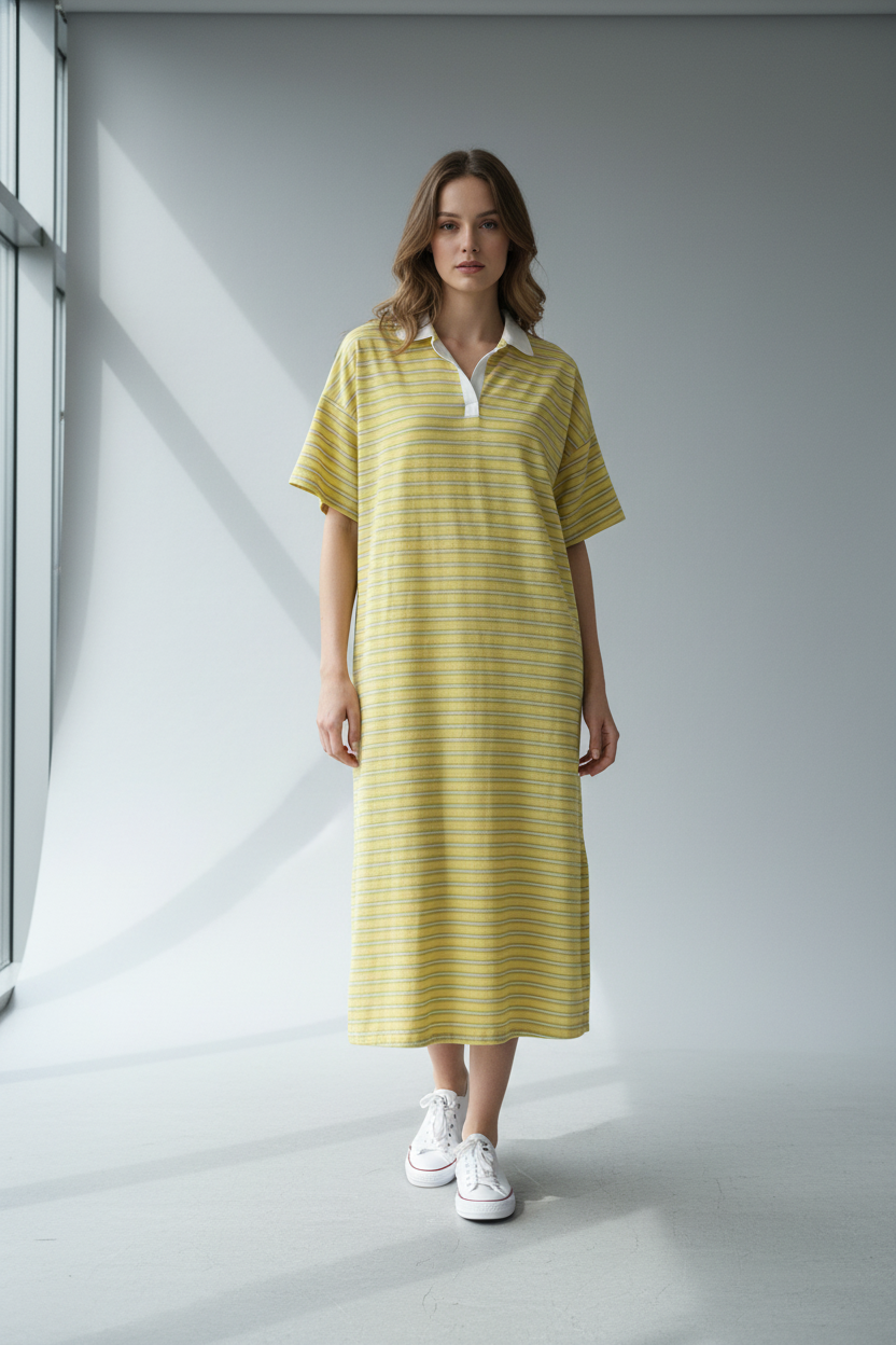 Model in geel gestreept polo midi-kleedje Just Woman met witte kraag en witte sneakers