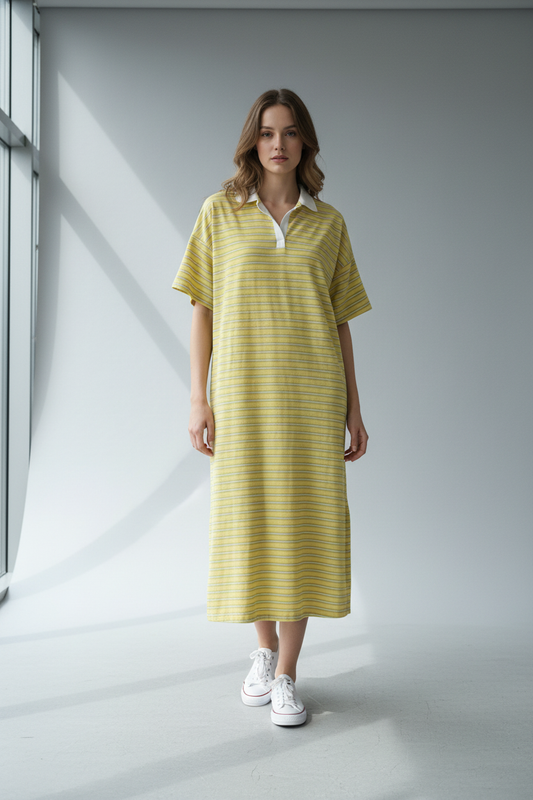 Model in geel gestreept polo midi-kleedje Just Woman met witte kraag en witte sneakers