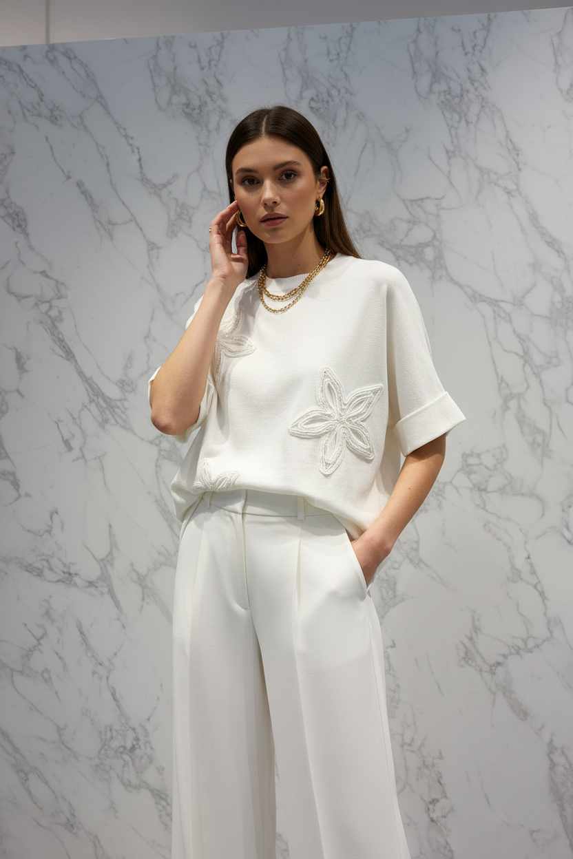 Model in Top Just Woman wit knit met 3D bloemen applicaties — editorial stijl