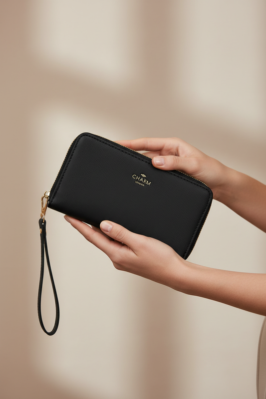 Model met Charm London portemonnee zwart