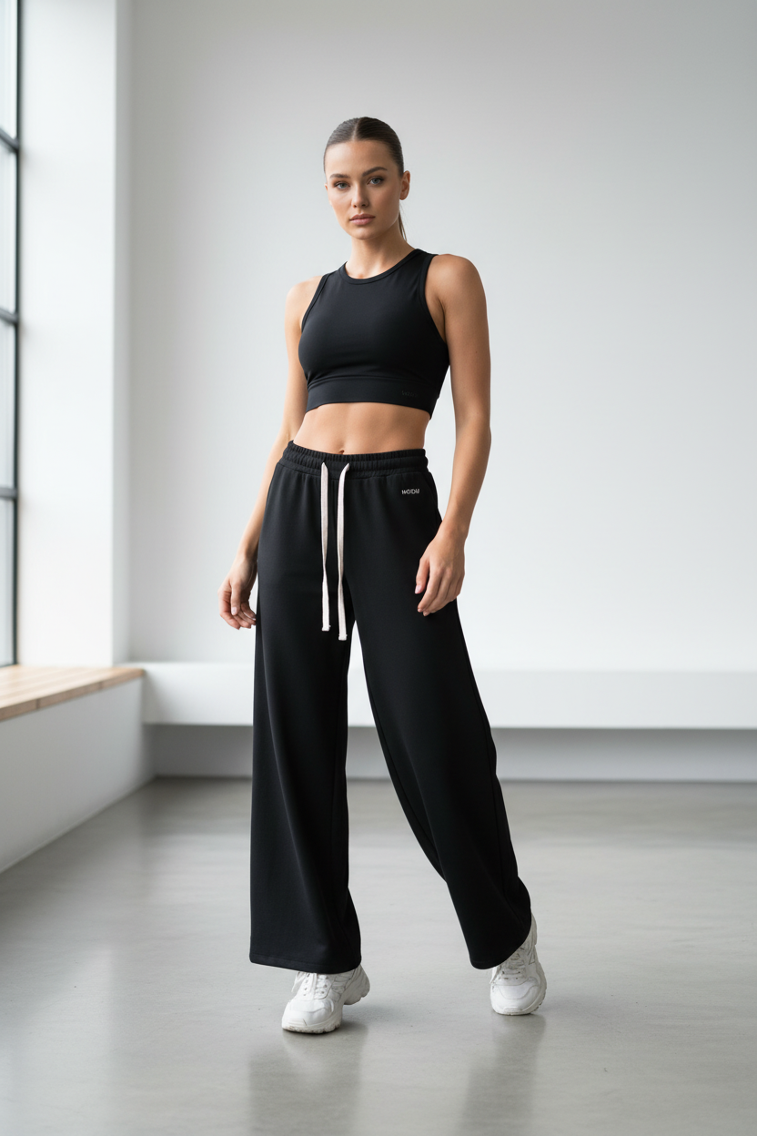 Model draagt sportieve broek brede pijp Mooij - trendy look