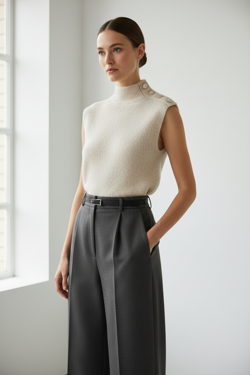 Model draagt Musy Muse Paris beige debardeur - elegante look