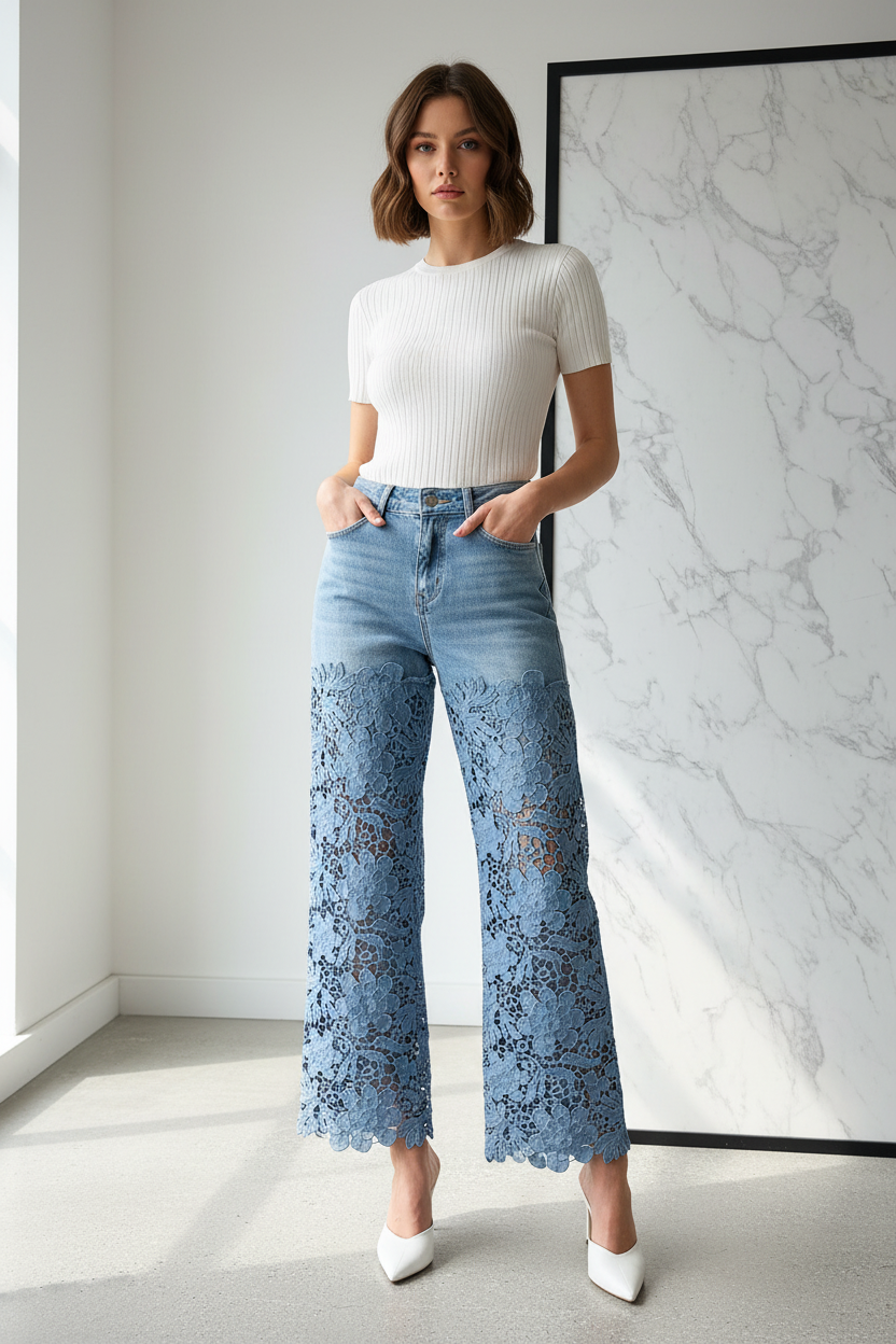 Jeans Miss Bon Flower — lichtblauwe wide-leg jeans met kant bloemenpatroon gedragen door model
