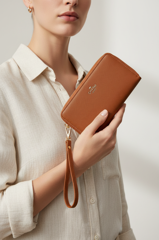 Model met Charm London portemonnee cognac