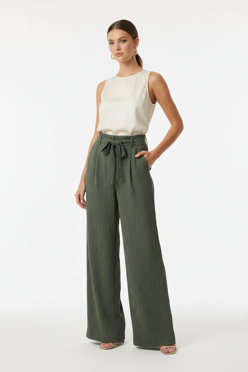 Model draagt kaki olijfgroene wide-leg broek YEHWANG