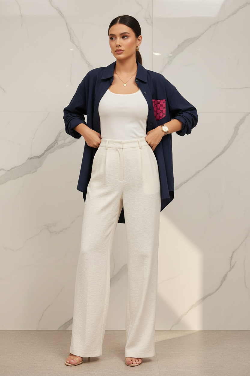 Model draagt de donkerblauwe Blouse Azzurro met roze monogram borstzakje in een premium editorial setting