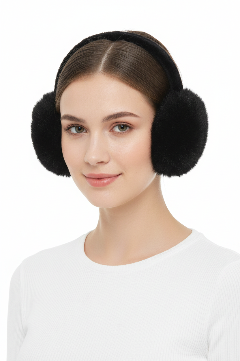 Model met zwarte fluffy oorwarmers - witte achtergrond