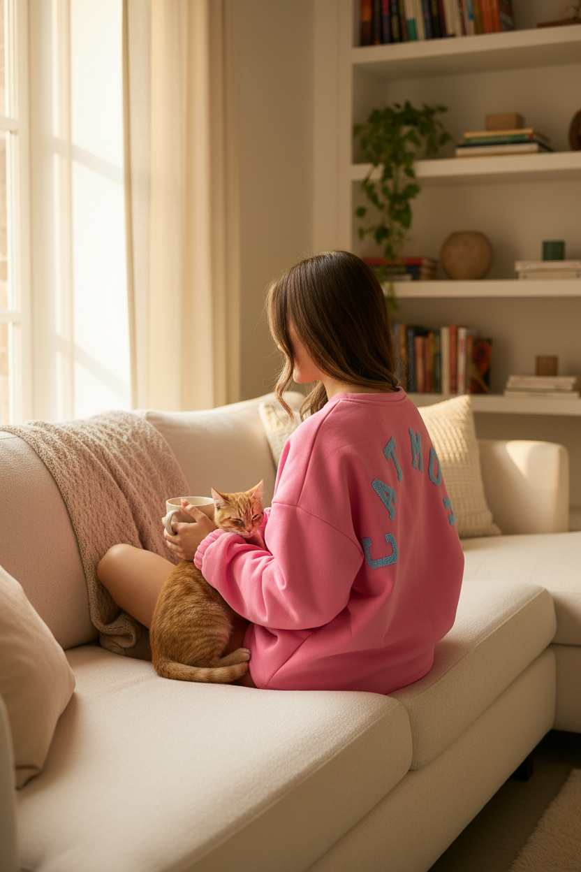 Model draagt roze CATMOM oversized sweatshirt met kat op schoot