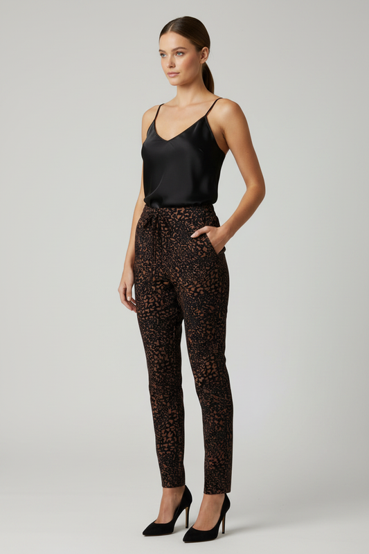 Model draagt donkere luipaardprint broek Daelin