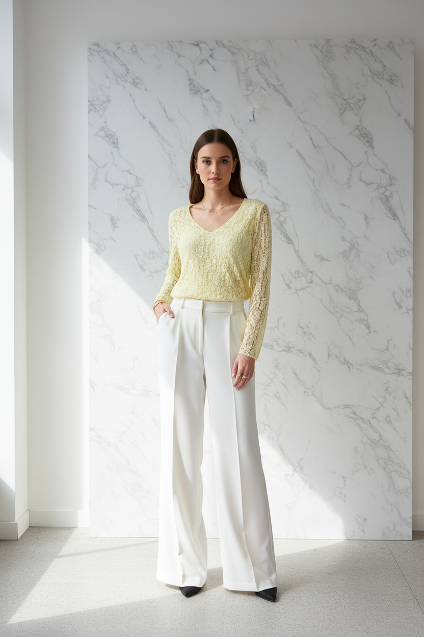 Model in Top Just Woman geel kant met lange mouwen en V-hals — editorial stijl