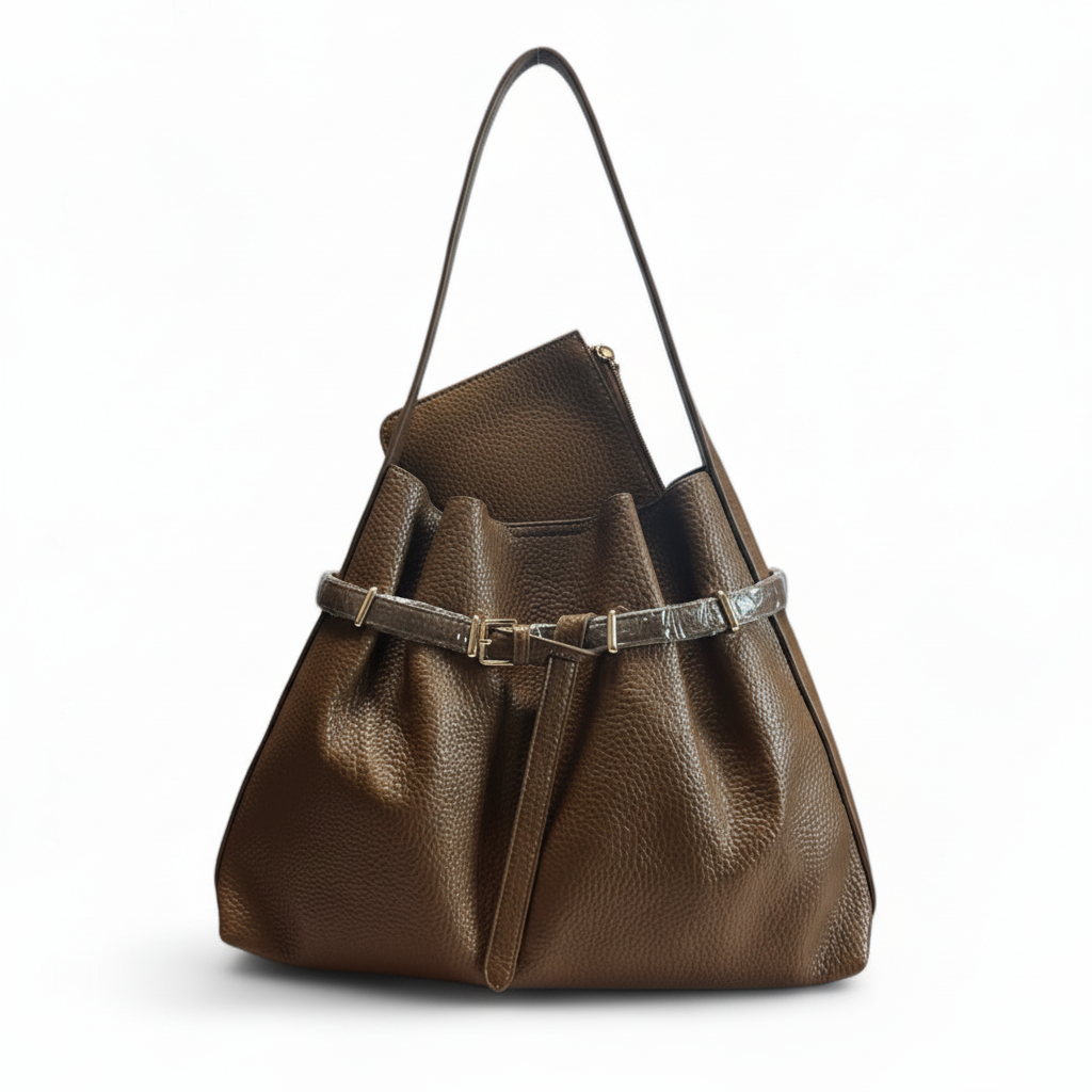 bruine PU ledere handtas met pochette - professionele productfoto