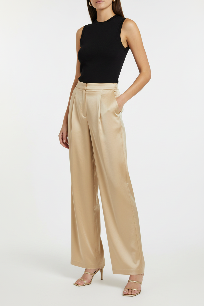 Model draagt gouden straight pants - andere hoek