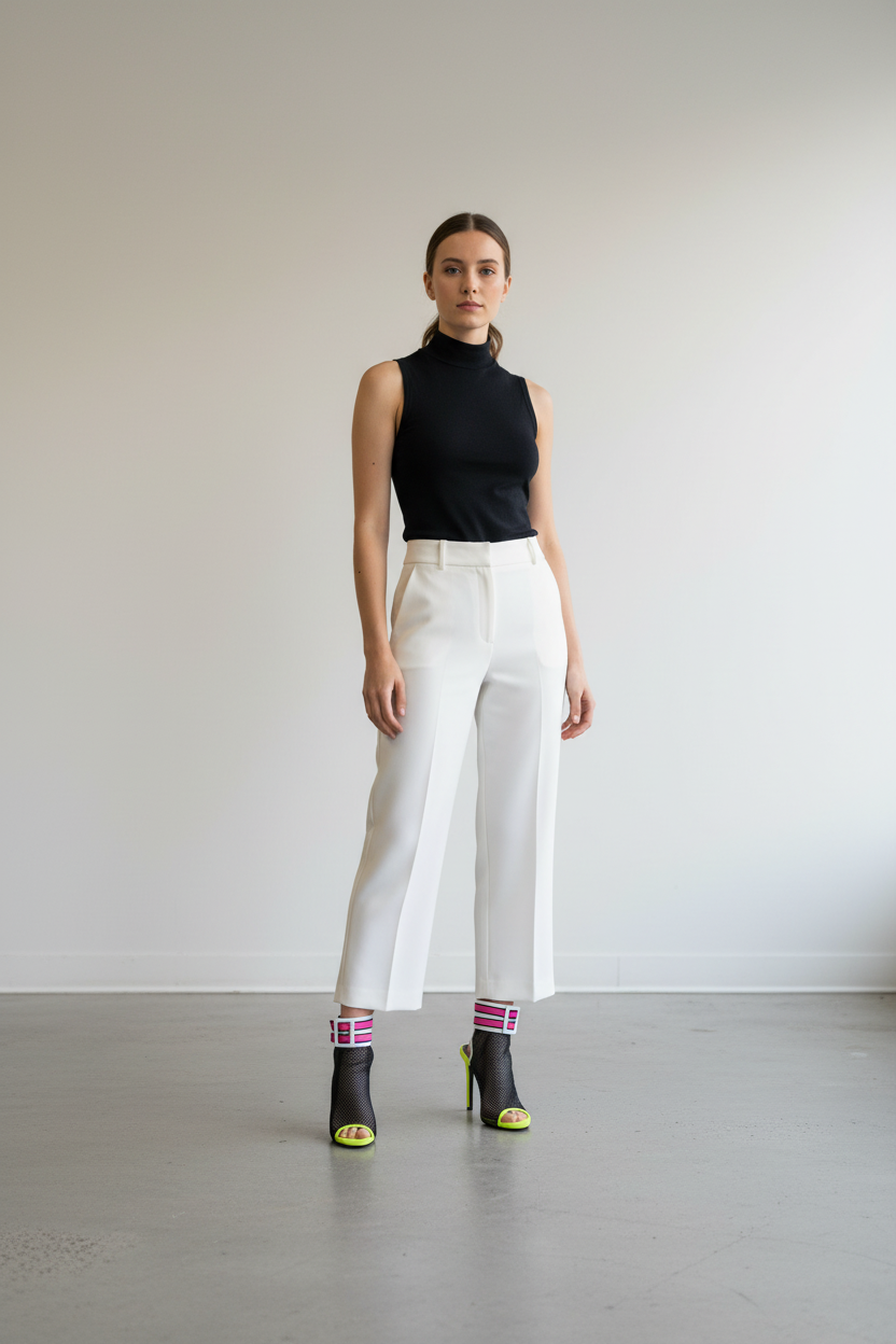 Model draagt fluo hakken Sergio Totzi