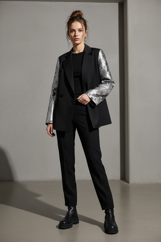 Model draagt Gimme blazer met jacquard mouwen - detail