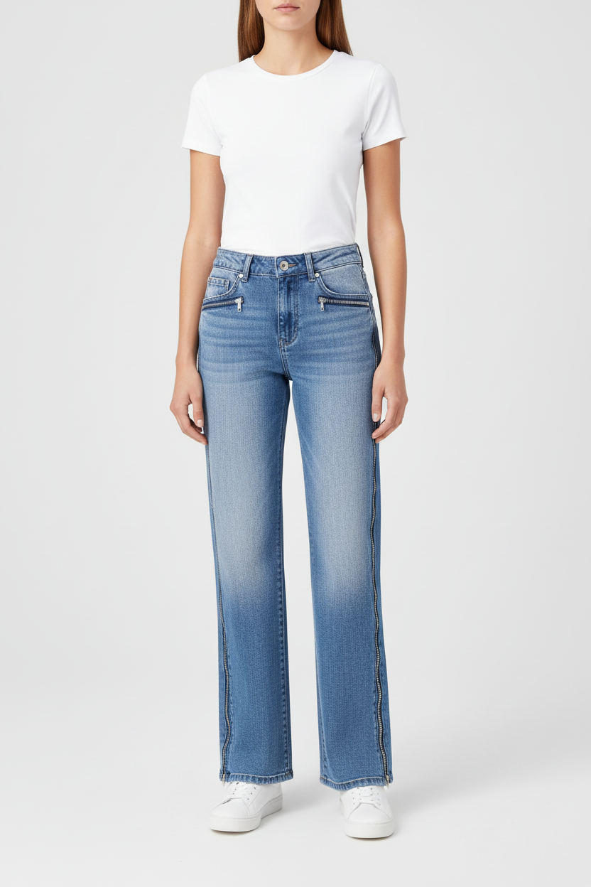 Model draagt denim jeans zip up - volledige weergave