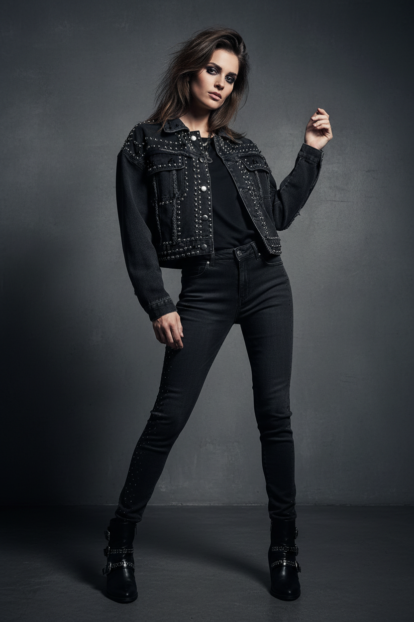 Model draagt studs jacket - stoere rock-chique look
