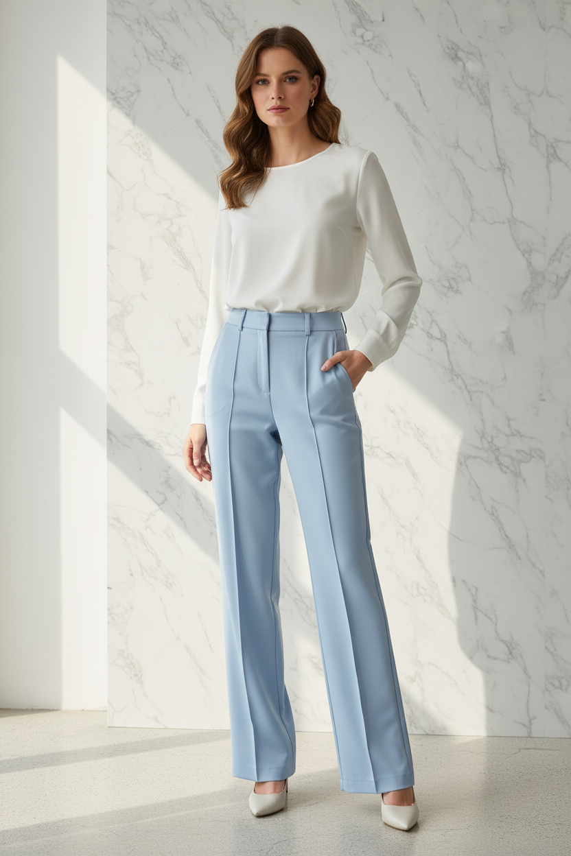 Pantalon Elli White — lichtblauwe rechte broek gedragen door model
