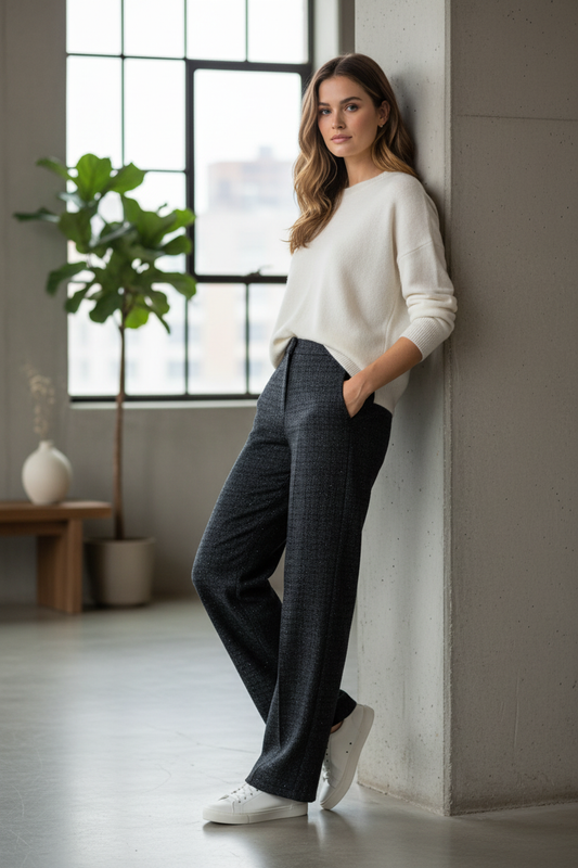 Model draagt geruite polyester broek - casual styling